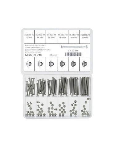 ASSORTIMENT 60 BARRETTES A VIS CHROMEES de 12 à 20mm DIAM 1.50mm